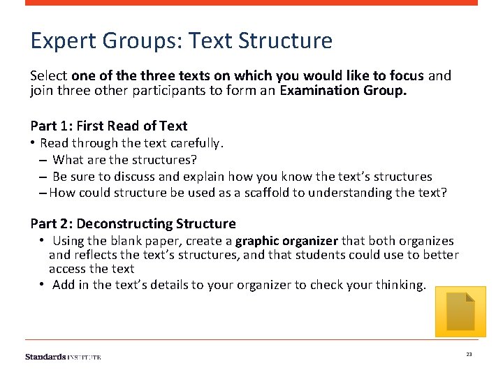 Expert Groups: Text Structure Select one of the three texts on which you would