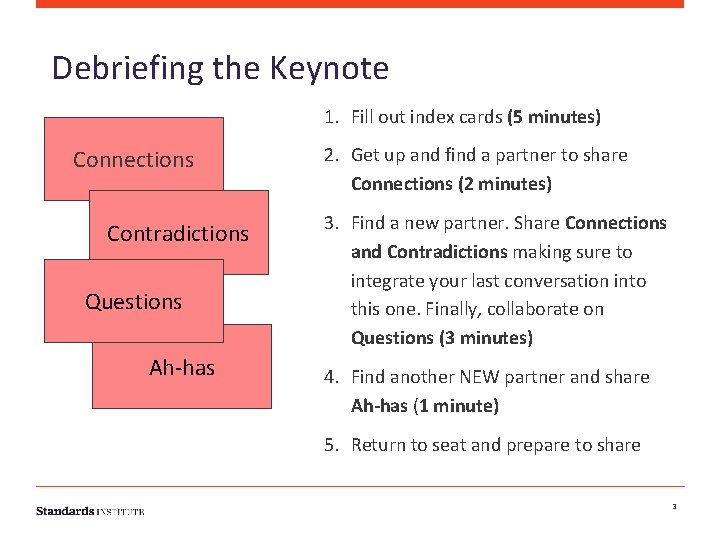 Debriefing the Keynote 1. Fill out index cards (5 minutes) Connections Contradictions Questions Ah-has