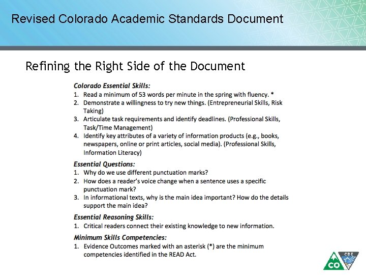 Revised Colorado Academic Standards Document Refining the Right Side of the Document 