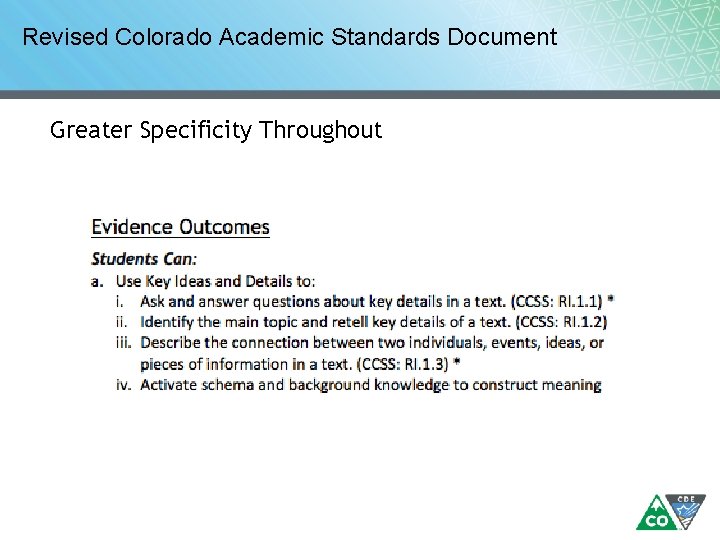 Revised Colorado Academic Standards Document Greater Specificity Throughout 