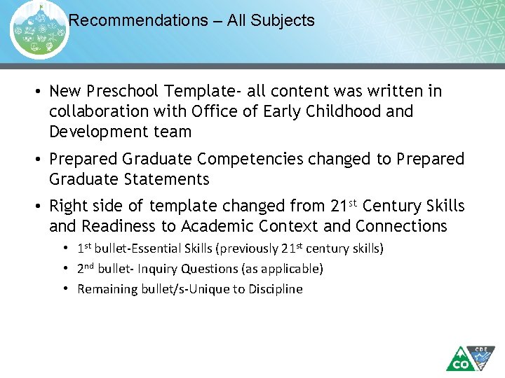 Recommendations – All Subjects • New Preschool Template- all content was written in collaboration