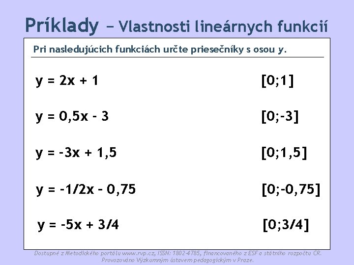 Príklady − Vlastnosti lineárnych funkcií Pri nasledujúcich funkciách určte priesečníky s osou y. y