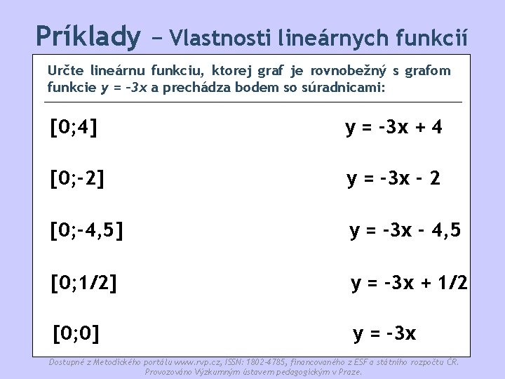 Príklady − Vlastnosti lineárnych funkcií Určte lineárnu funkciu, ktorej graf je rovnobežný s grafom