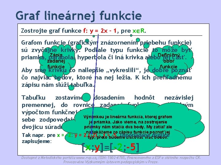 Graf lineárnej funkcie Zostrojte graf funkce f: y = 2 x - 1, pre