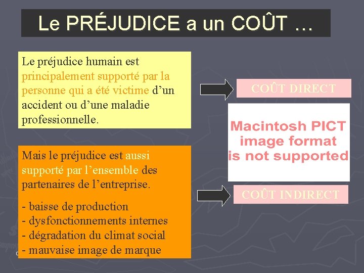 Le PRÉJUDICE a un COÛT … Le préjudice humain est principalement supporté par la