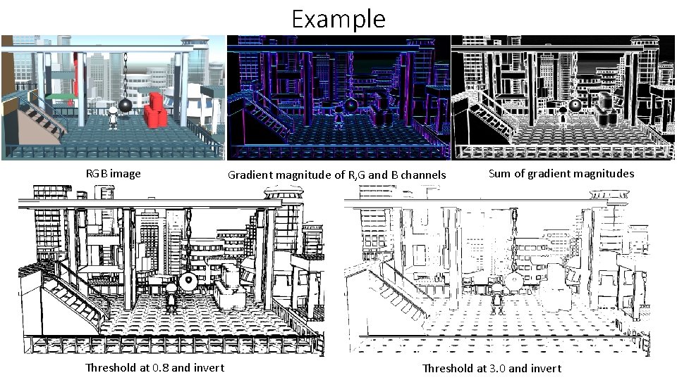 Example RGB image Threshold at 0. 8 and invert Gradient magnitude of R, G Example RGB image Threshold at 0. 8 and invert Gradient magnitude of R, G