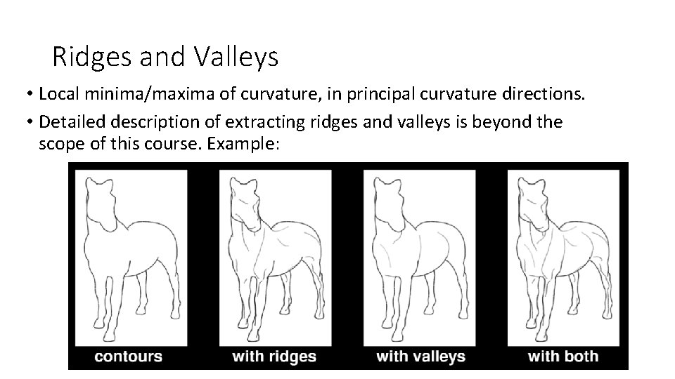 Ridges and Valleys • Local minima/maxima of curvature, in principal curvature directions. • Detailed