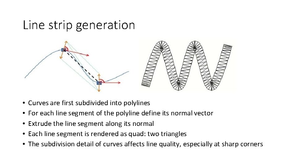 Line strip generation • • • Curves are first subdivided into polylines For each