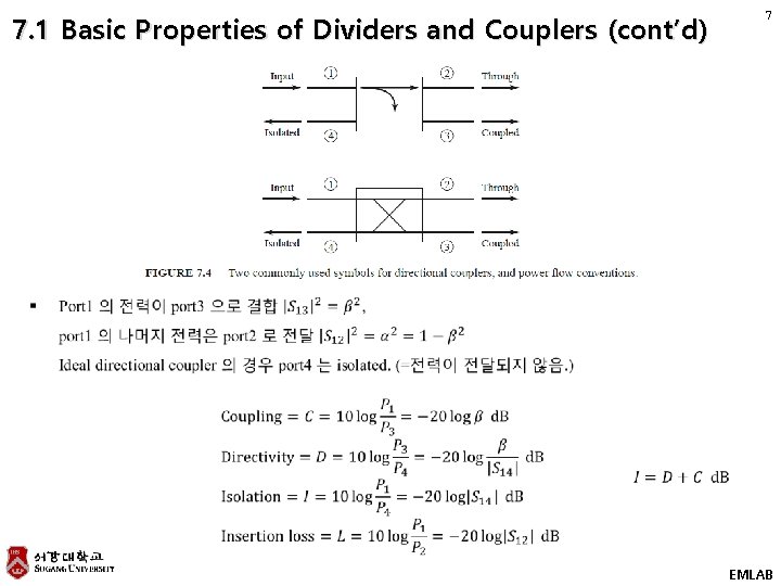 7. 1 Basic Properties of Dividers and Couplers (cont’d) 7 EMLAB 