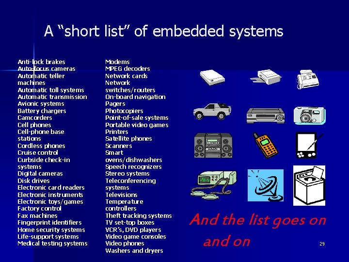 A “short list” of embedded systems Anti-lock brakes Auto-focus cameras Automatic teller machines Automatic