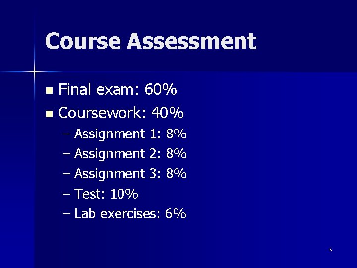 Course Assessment Final exam: 60% n Coursework: 40% n – Assignment 1: 8% –