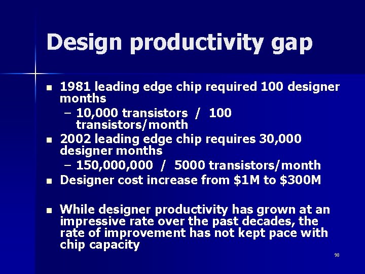 Design productivity gap n n 1981 leading edge chip required 100 designer months –