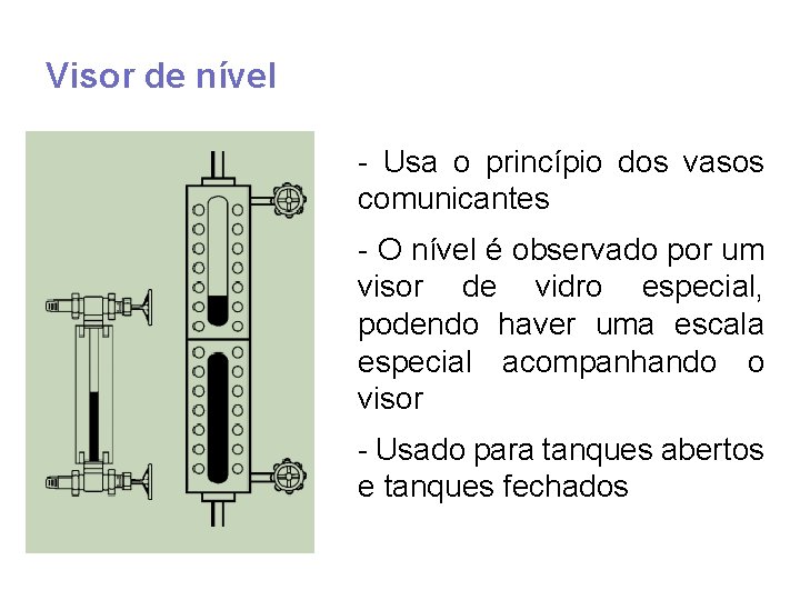 Visor de nível - Usa o princípio dos vasos comunicantes - O nível é