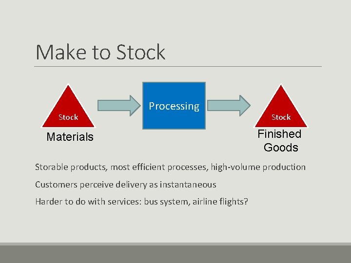 Make to Stock Processing Materials Stock Finished Goods Storable products, most efficient processes, high-volume Make to Stock Processing Materials Stock Finished Goods Storable products, most efficient processes, high-volume