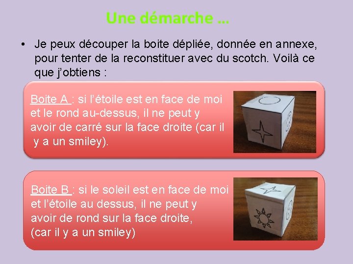 Une démarche … • Je peux découper la boite dépliée, donnée en annexe, pour