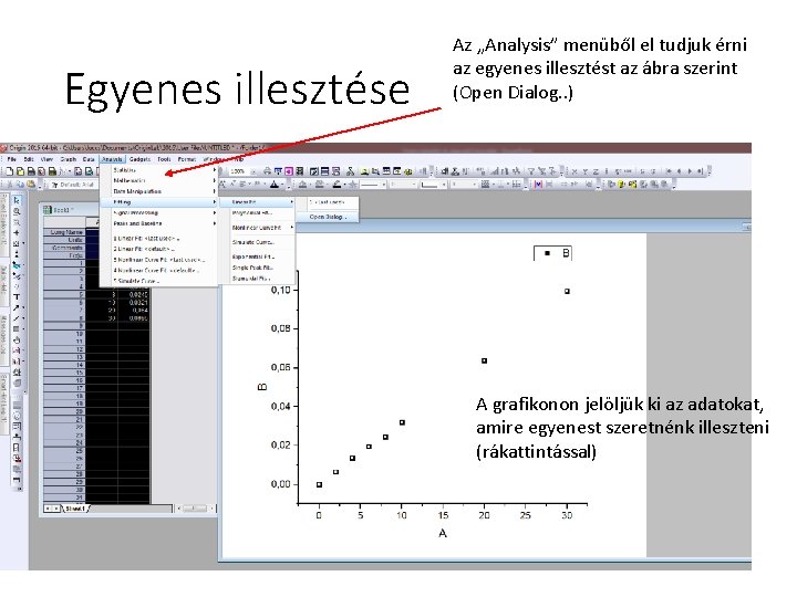 Egyenes illesztése Az „Analysis” menüből el tudjuk érni az egyenes illesztést az ábra szerint