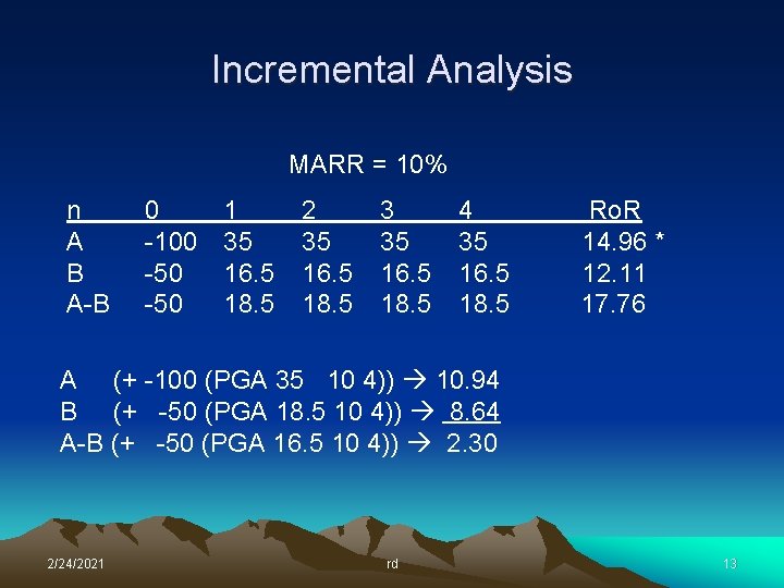 Incremental Analysis MARR = 10% n A B A-B 0 -100 -50 1 35