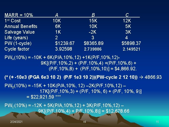 MARR = 10% 1 st Cost Annual Benefits Salvage Value Life (years) PW (1