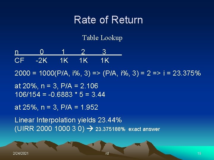 Rate of Return Table Lookup n CF 0 -2 K 1 1 K 2