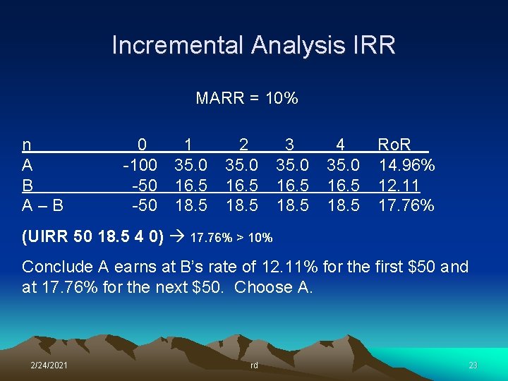 Incremental Analysis IRR MARR = 10% n A B A–B 0 1 -100 35.