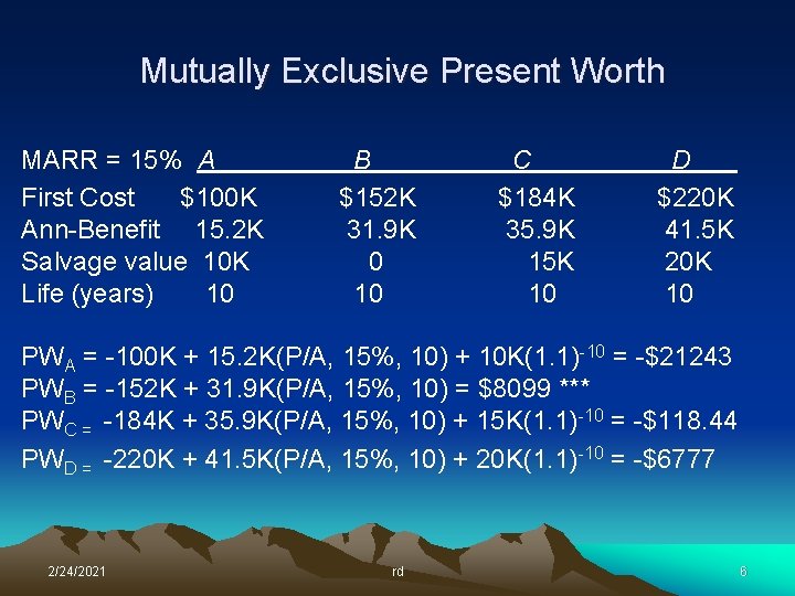 Mutually Exclusive Present Worth MARR = 15% A First Cost $100 K Ann-Benefit 15.