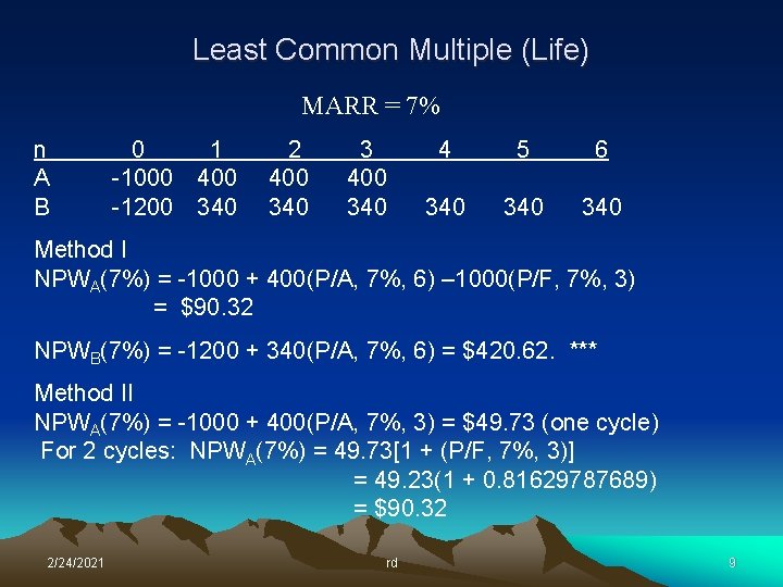 Least Common Multiple (Life) MARR = 7% n A B 0 1 -1000 400