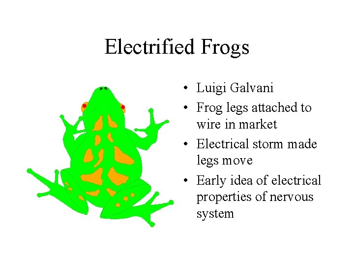 Electrified Frogs • Luigi Galvani • Frog legs attached to wire in market •