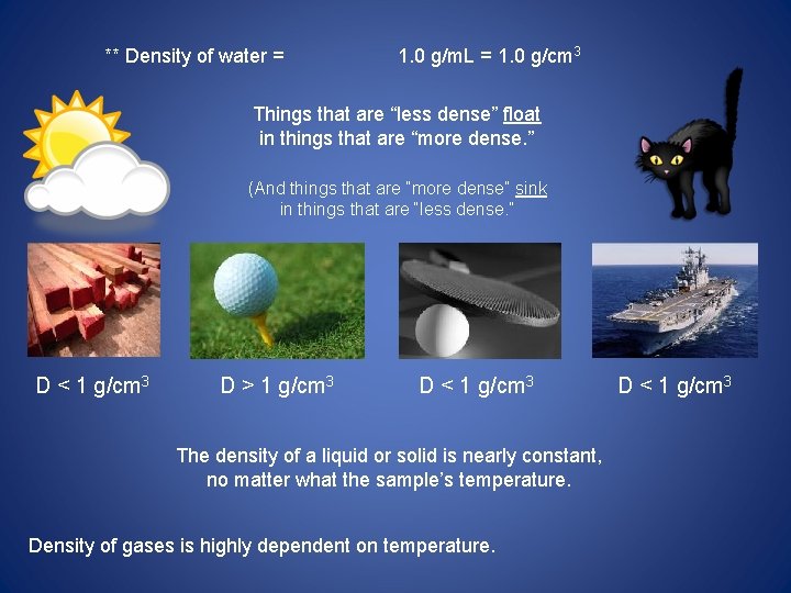 ** Density of water = 1. 0 g/m. L = 1. 0 g/cm 3