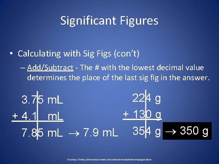 Significant Figures • Calculating with Sig Figs (con’t) – Add/Subtract - The # with