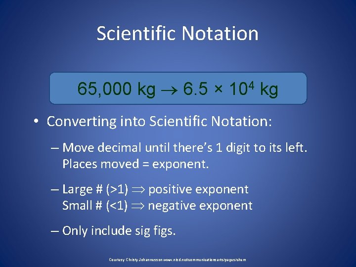 Scientific Notation 65, 000 kg 6. 5 × 104 kg • Converting into Scientific