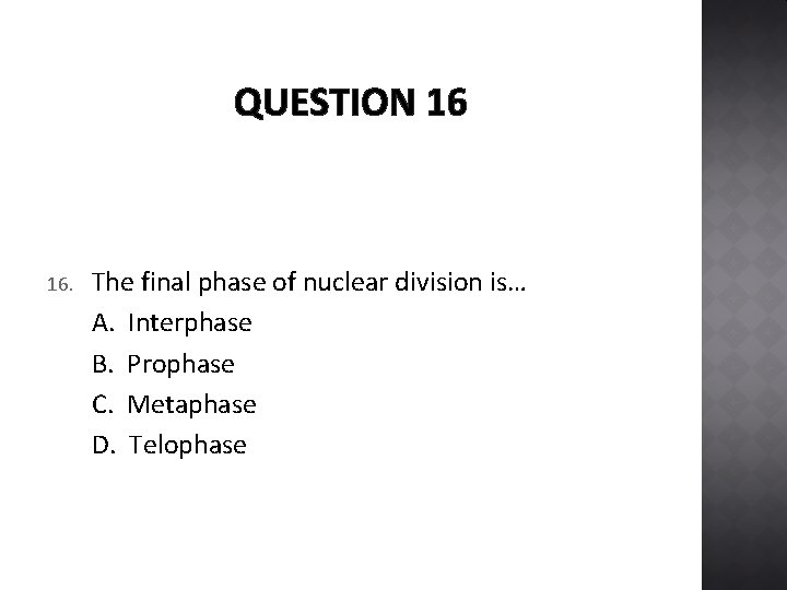 QUESTION 16 16. The final phase of nuclear division is… A. Interphase B. Prophase