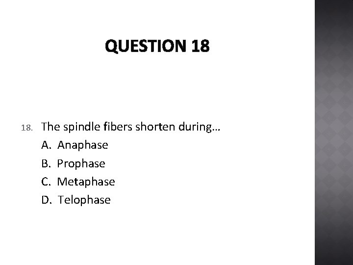 QUESTION 18 18. The spindle fibers shorten during… A. Anaphase B. Prophase C. Metaphase