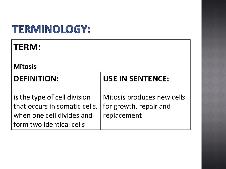 TERMINOLOGY: TERM: Mitosis DEFINITION: USE IN SENTENCE: is the type of cell division Mitosis