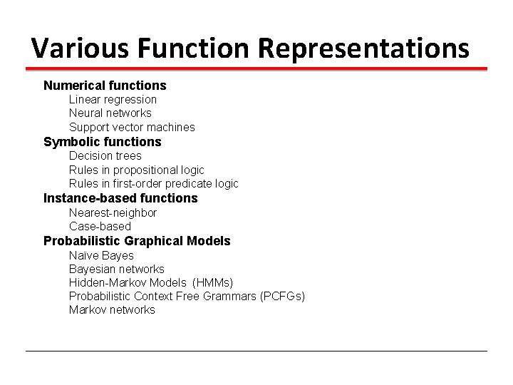 Various Function Representations Numerical functions Linear regression Neural networks Support vector machines Symbolic functions