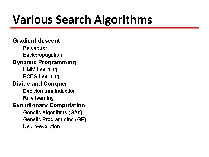 Various Search Algorithms Gradient descent Perceptron Backpropagation Dynamic Programming HMM Learning PCFG Learning Divide