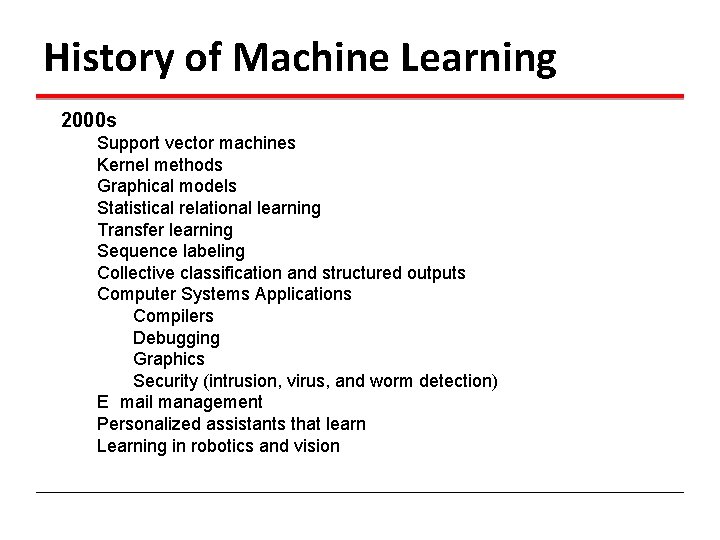 History of Machine Learning 2000 s Support vector machines Kernel methods Graphical models Statistical