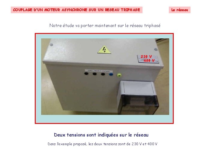 Le réseau COUPLAGE D’UN MOTEUR ASYNCHRONE SUR UN RESEAU TRIPHASE Notre étude va porter Le réseau COUPLAGE D’UN MOTEUR ASYNCHRONE SUR UN RESEAU TRIPHASE Notre étude va porter