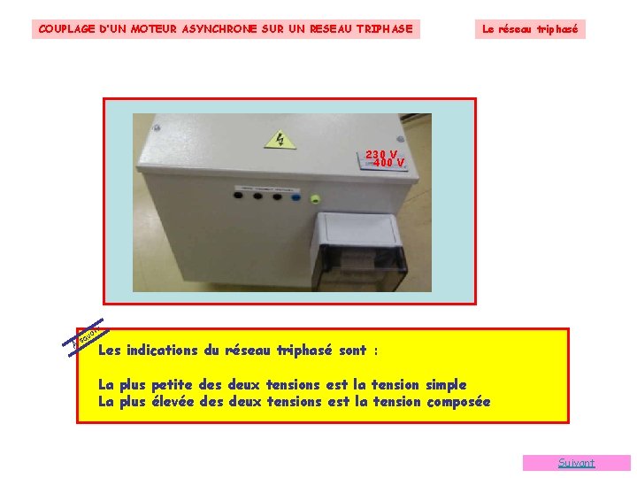 COUPLAGE D’UN MOTEUR ASYNCHRONE SUR UN RESEAU TRIPHASE Le réseau triphasé 230 V 400 COUPLAGE D’UN MOTEUR ASYNCHRONE SUR UN RESEAU TRIPHASE Le réseau triphasé 230 V 400