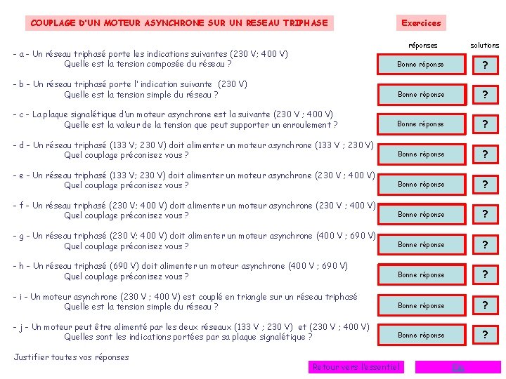 Exercices COUPLAGE D’UN MOTEUR ASYNCHRONE SUR UN RESEAU TRIPHASE réponses solutions Réponse Bonne 0 Exercices COUPLAGE D’UN MOTEUR ASYNCHRONE SUR UN RESEAU TRIPHASE réponses solutions Réponse Bonne 0