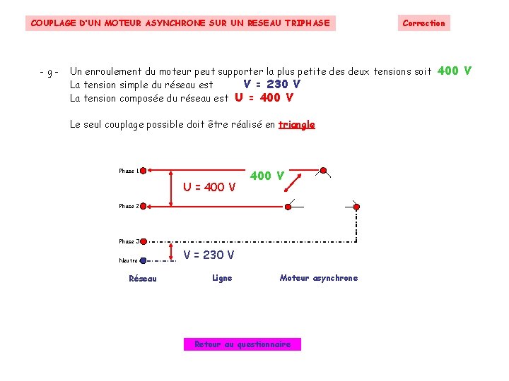 COUPLAGE D’UN MOTEUR ASYNCHRONE SUR UN RESEAU TRIPHASE -g- Correction Un enroulement du moteur COUPLAGE D’UN MOTEUR ASYNCHRONE SUR UN RESEAU TRIPHASE -g- Correction Un enroulement du moteur