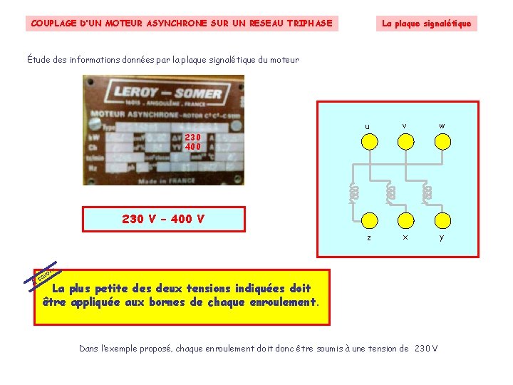 La plaque signalétique COUPLAGE D’UN MOTEUR ASYNCHRONE SUR UN RESEAU TRIPHASE Étude des informations La plaque signalétique COUPLAGE D’UN MOTEUR ASYNCHRONE SUR UN RESEAU TRIPHASE Étude des informations