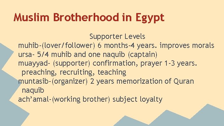 Muslim Brotherhood in Egypt Supporter Levels muhib-(lover/follower) 6 months-4 years. improves morals ursa- 5/4