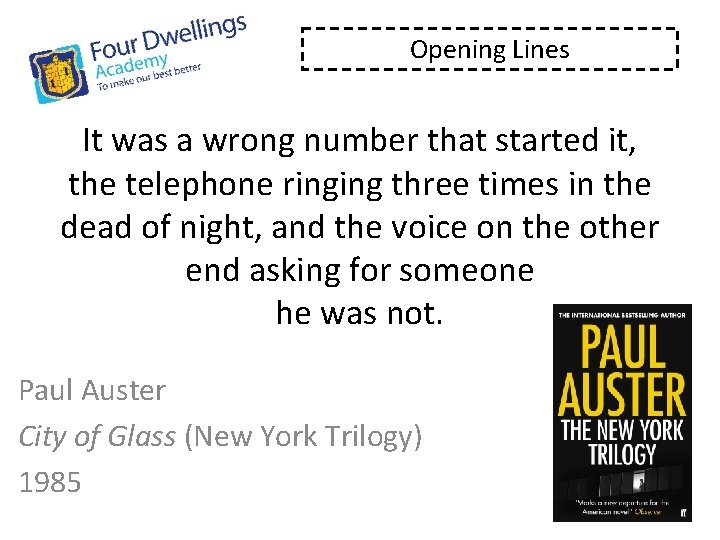 Opening Lines It was a wrong number that started it, the telephone ringing three