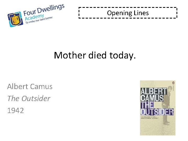 Opening Lines Mother died today. Albert Camus The Outsider 1942 