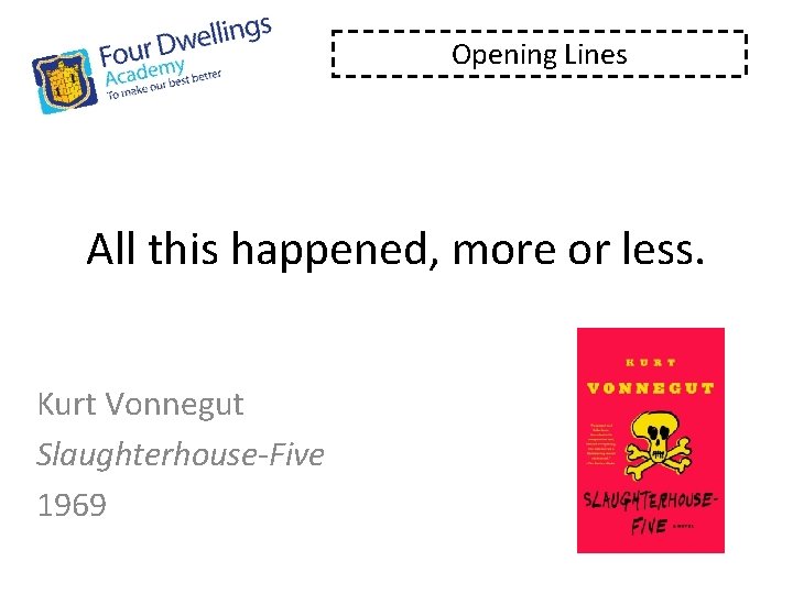 Opening Lines All this happened, more or less. Kurt Vonnegut Slaughterhouse-Five 1969 