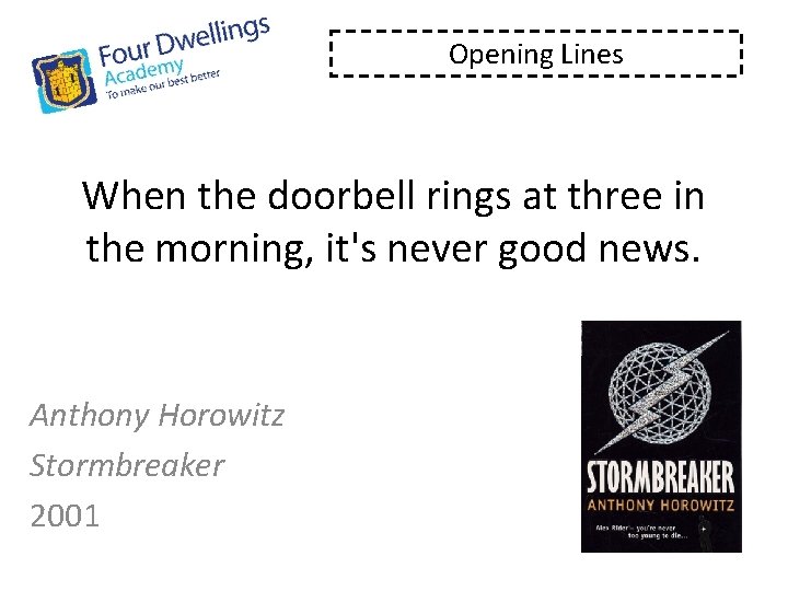 Opening Lines When the doorbell rings at three in the morning, it's never good