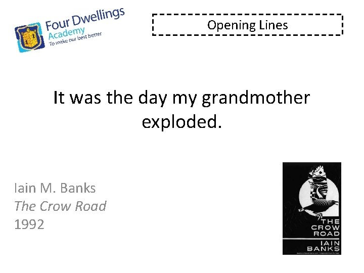 Opening Lines It was the day my grandmother exploded. Iain M. Banks The Crow