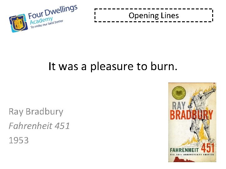 Opening Lines It was a pleasure to burn. Ray Bradbury Fahrenheit 451 1953 