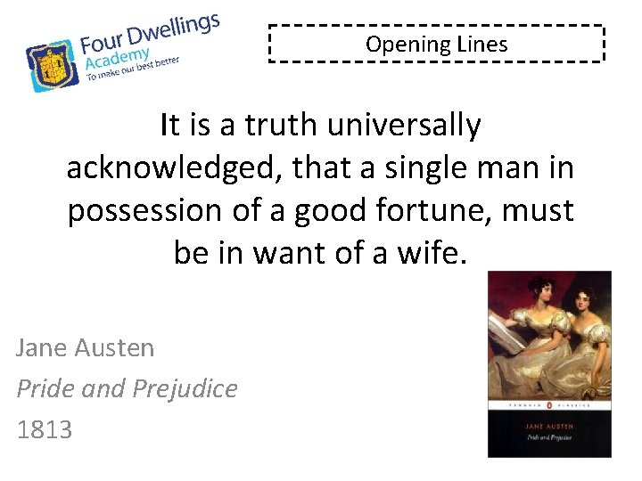 Opening Lines It is a truth universally acknowledged, that a single man in possession