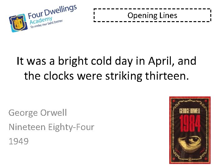 Opening Lines It was a bright cold day in April, and the clocks were
